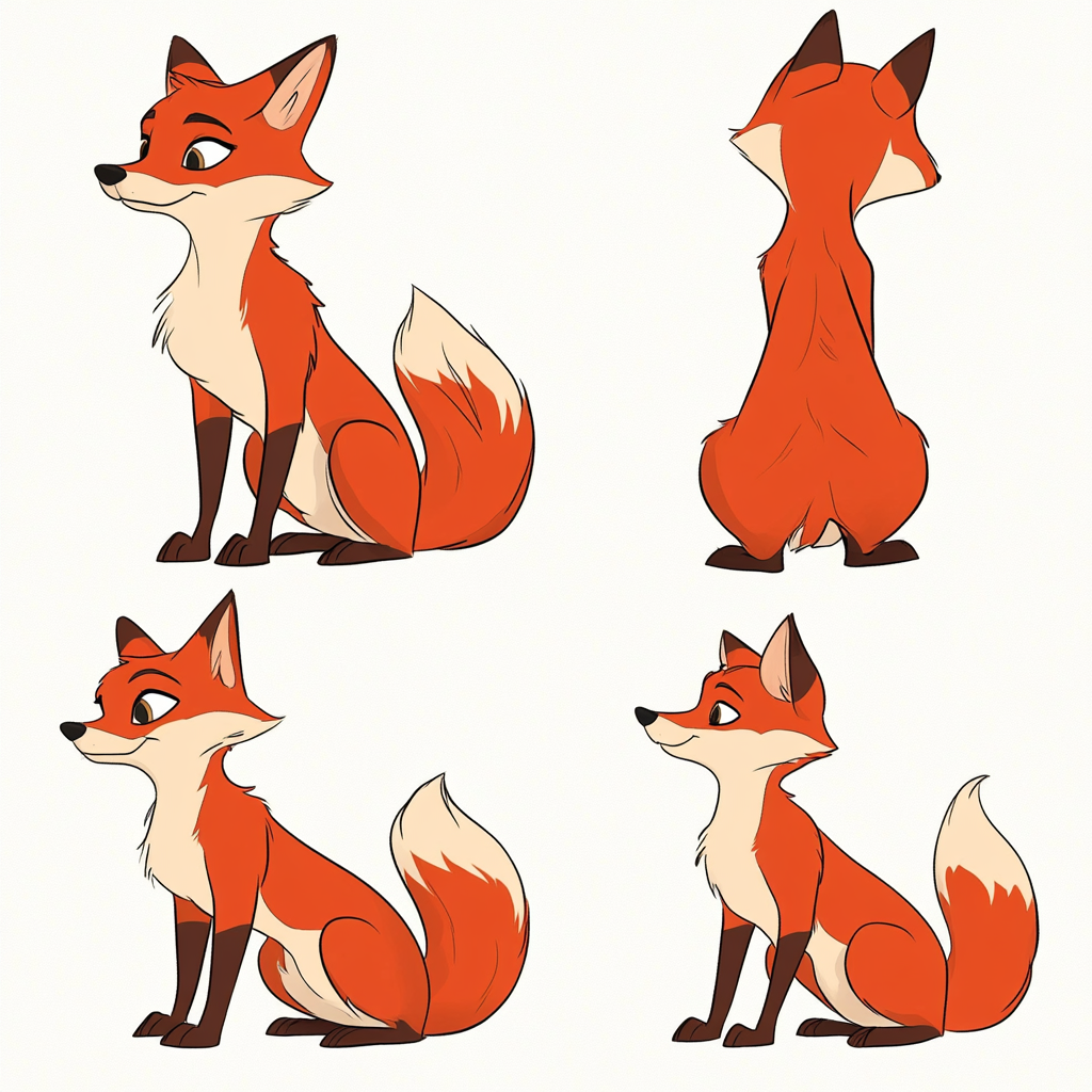 Simple Disney-style cartoon fox character in multiple angles.