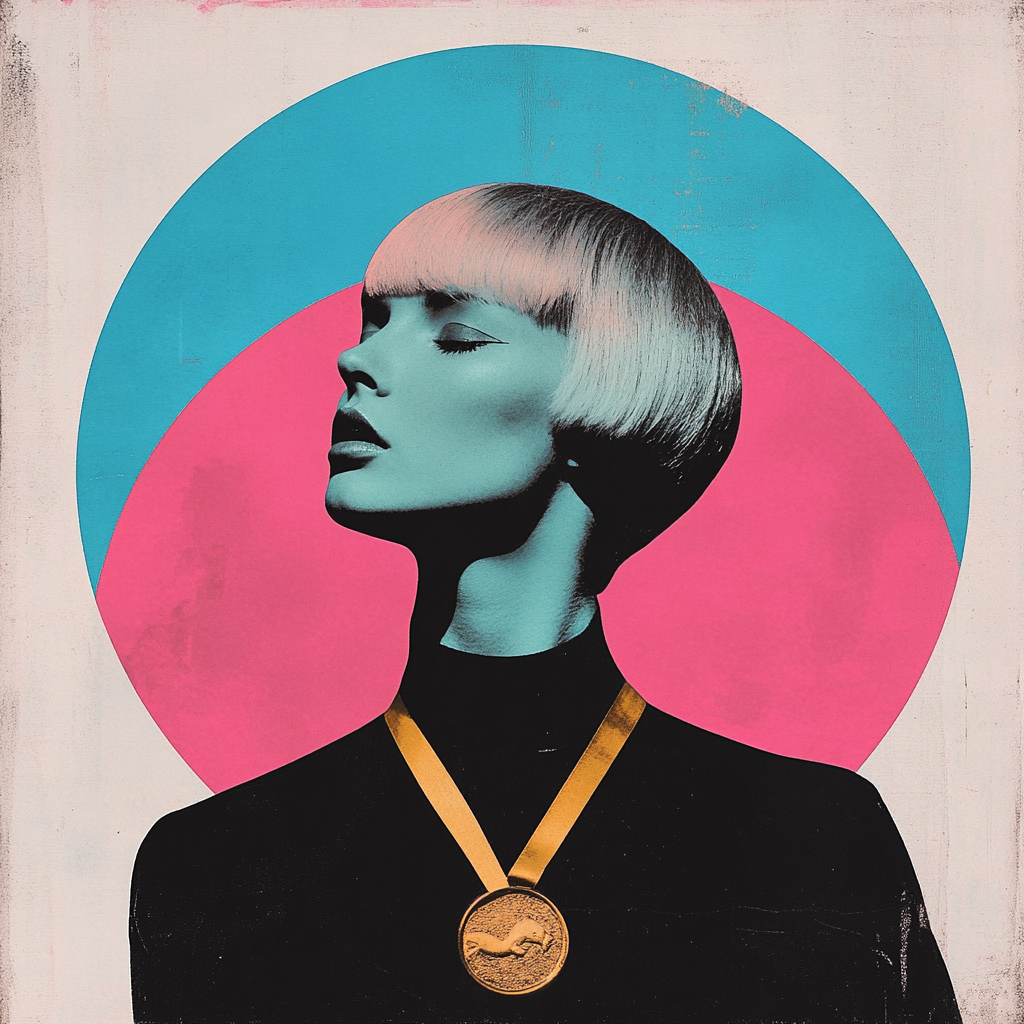 Simplistic collage of woman with short hair, gold medal.