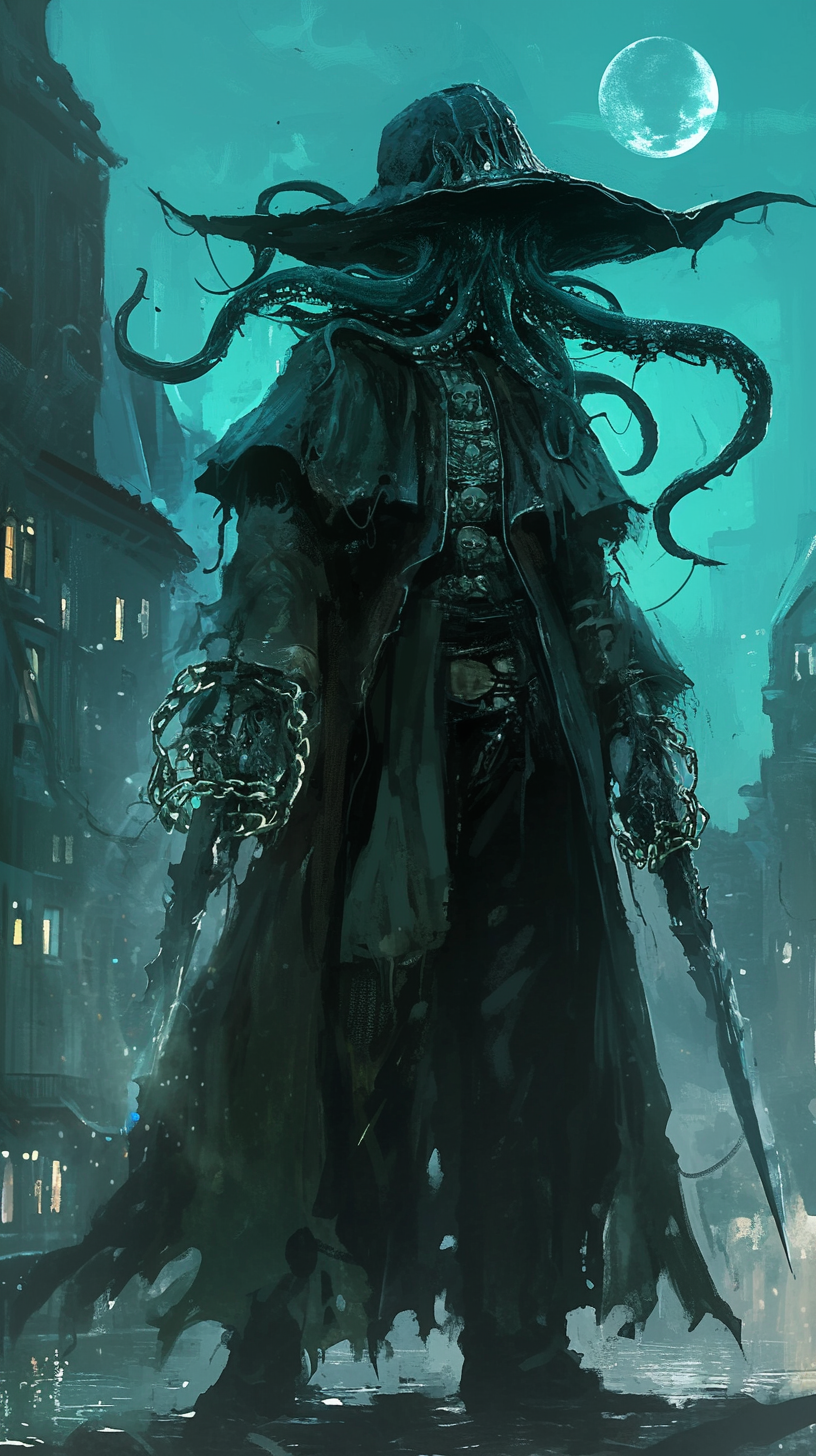 Sinister figure in town with tentacles and daggers.