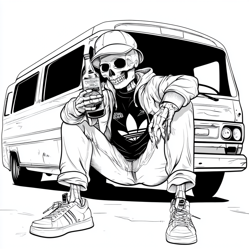 Skeleton squatting in front of old school bus with alcohol.