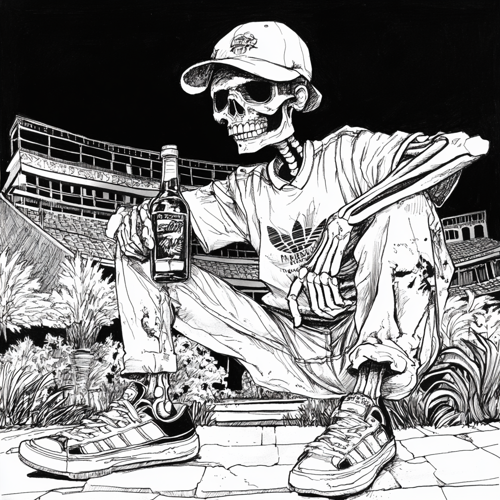 Skeleton with bucket hat and bottle, at football stadium.