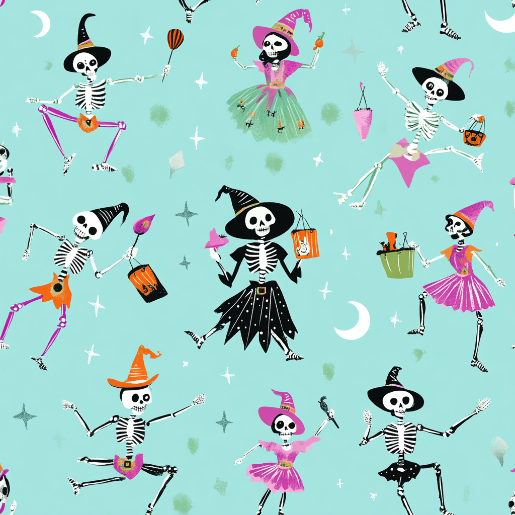 Skeletons, witches, vampires in playful Halloween diamond pattern.