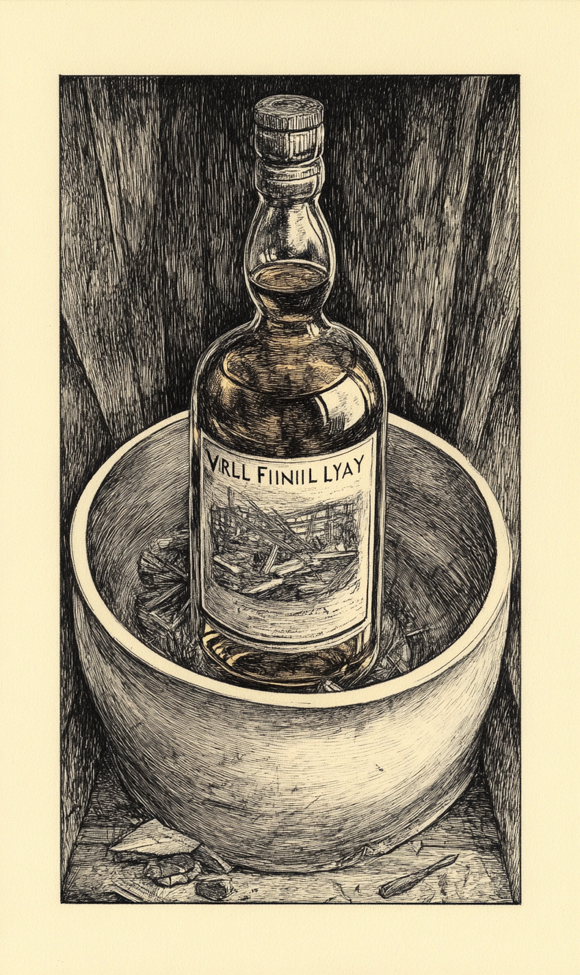 Sketch of whiskey bottle in hardhat, vintage trading card.