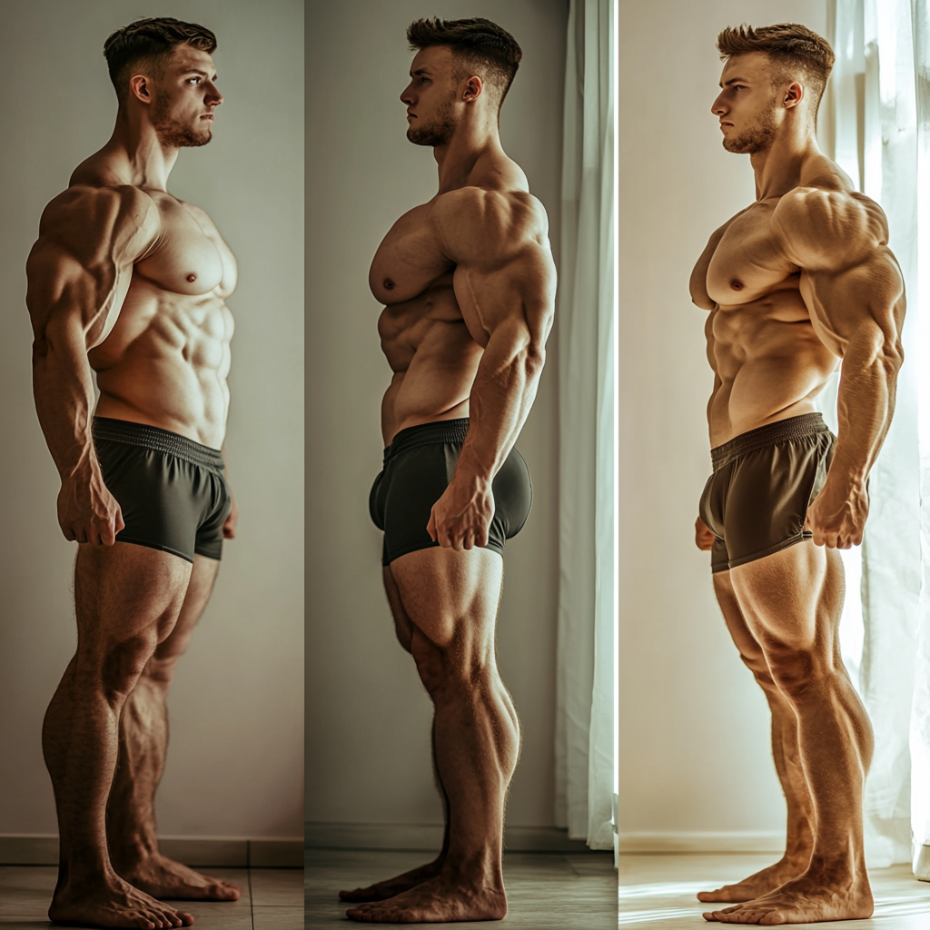 Skinny teen grows into huge bodybuilder with bulging muscles.