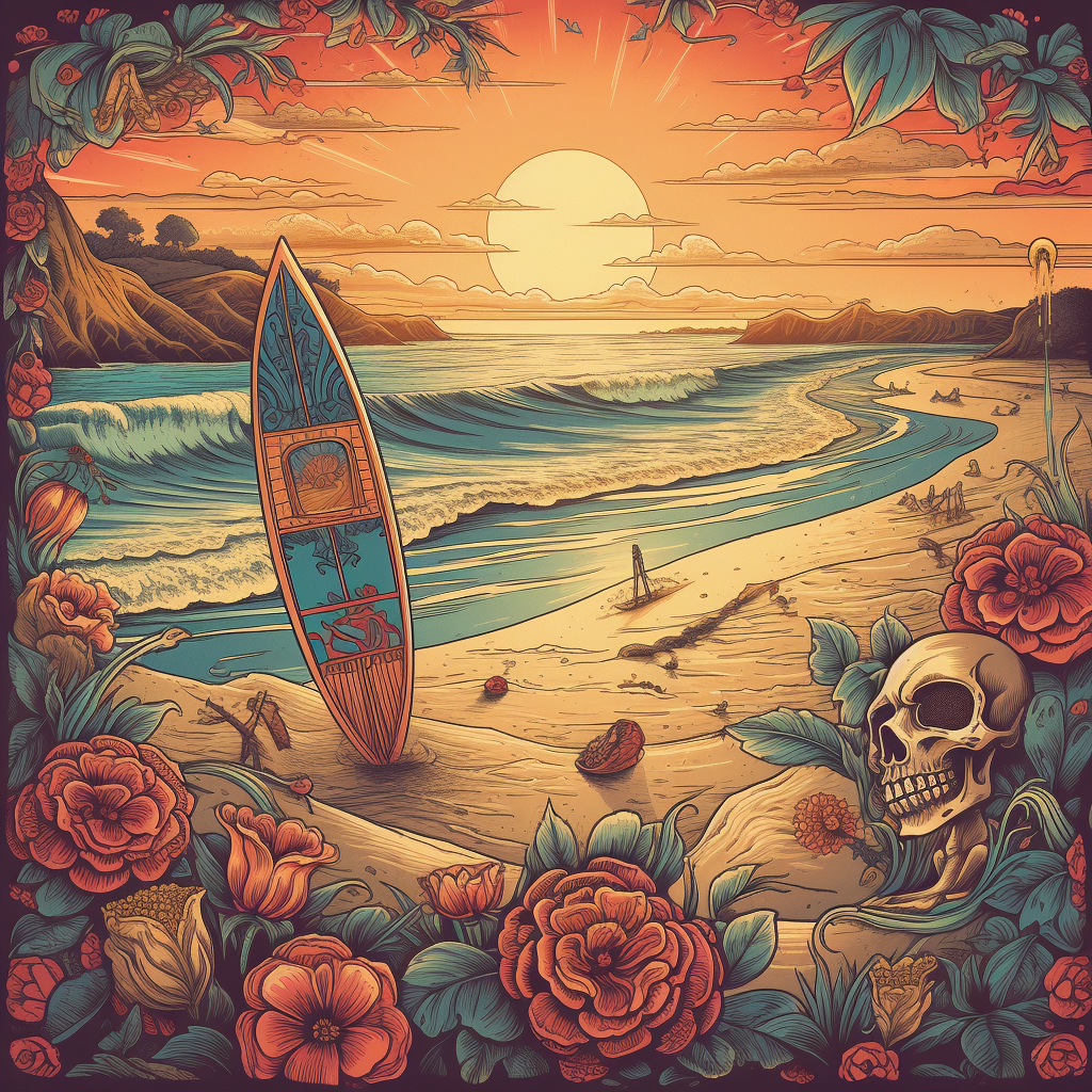 Skull, rose, surfboard, skateboard on colorful beach at sunset.