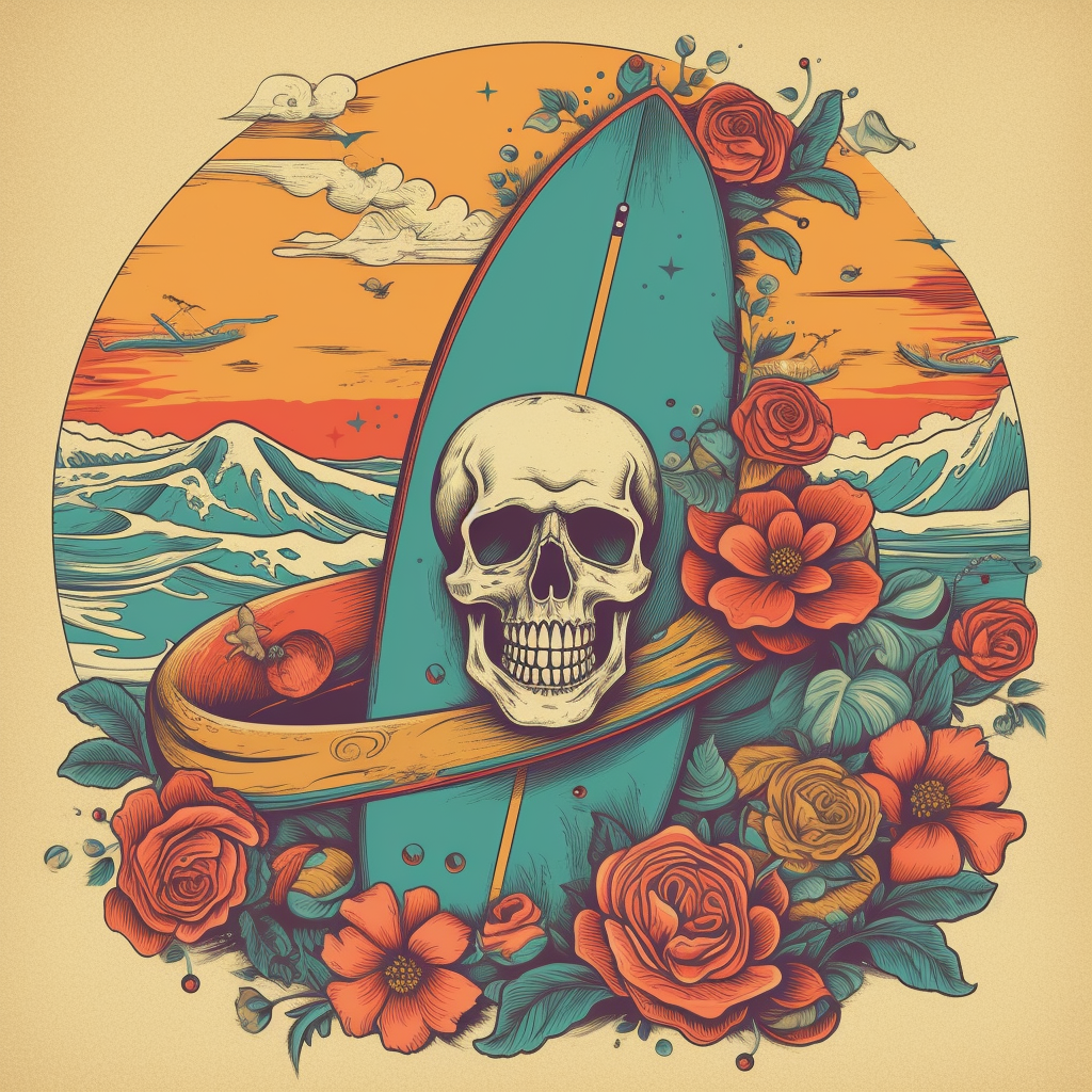 Skull, rose, surfboard, skateboard on vibrant beach scene illustration.