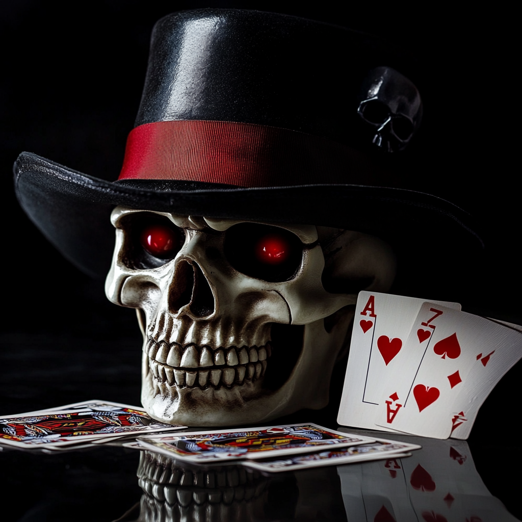 Skull with Fedora hat and red eyes, playing cards