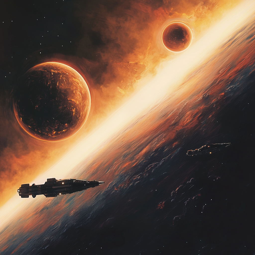 Small spaceship in dual-sun system, with planets and ships.