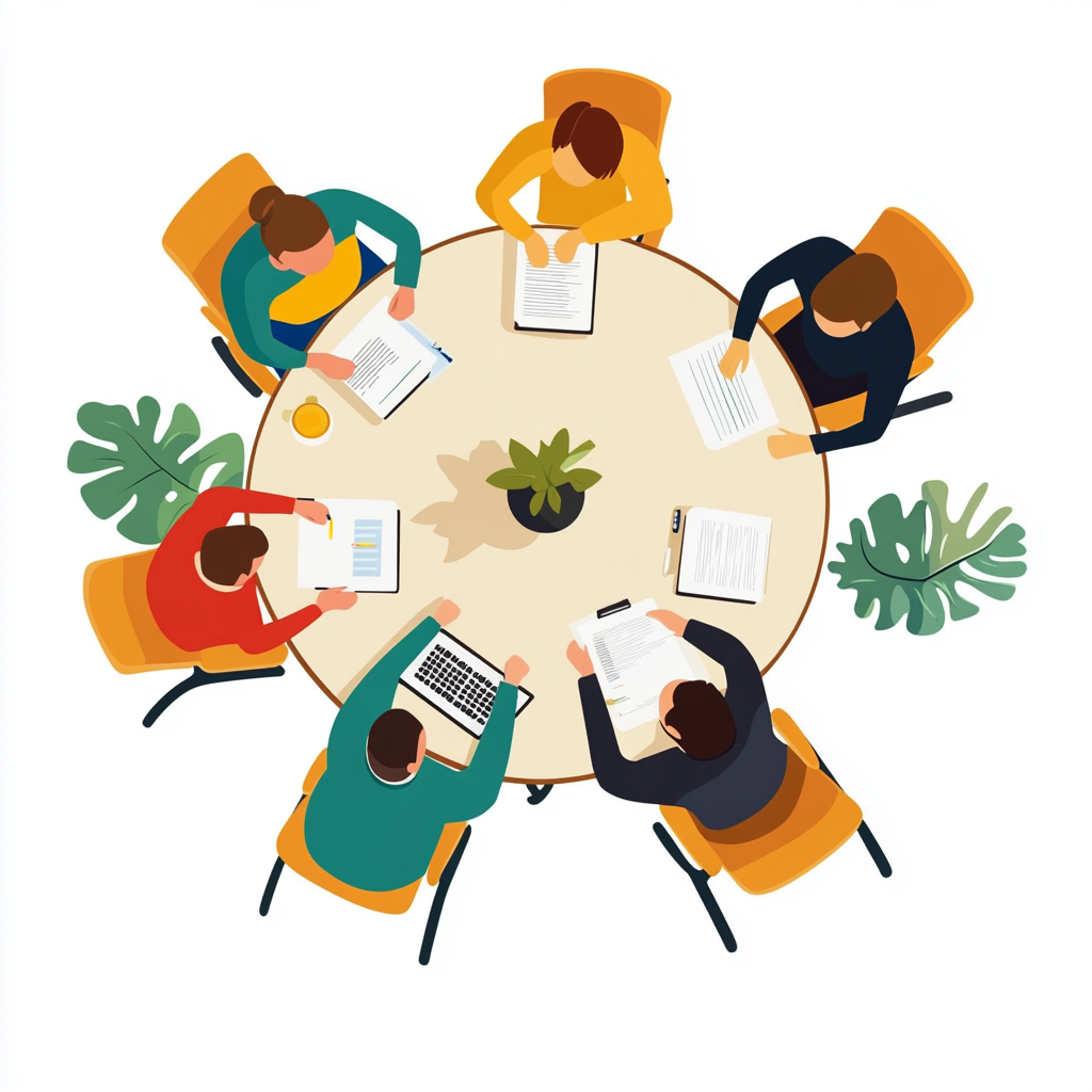 Small team working together around table in cartoon style.