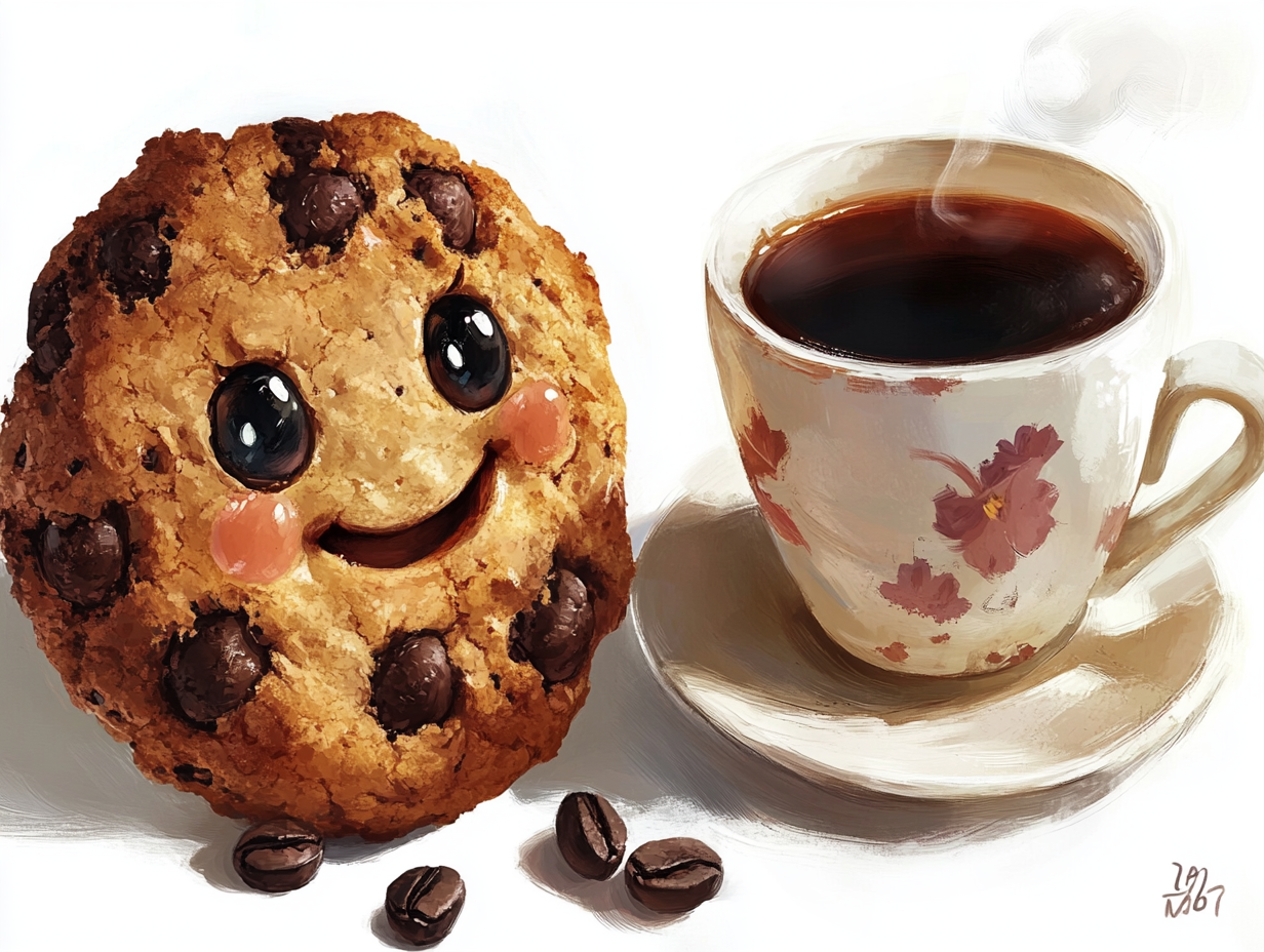 Smiley cookie friend with coffee in 2D warmth.