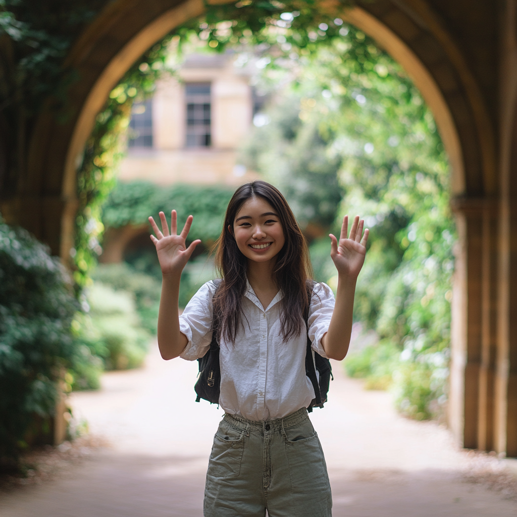 Smiling Asian student with extra fingers in courtyard.