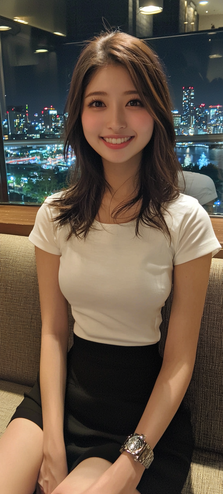 Smiling Japanese TV personality, 26, in stylish outfit.