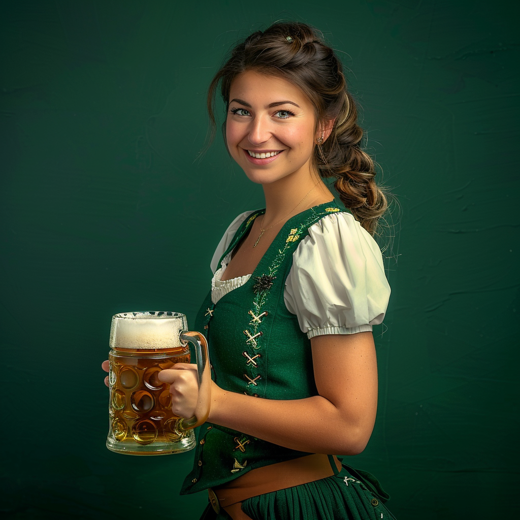 Smiling Oktoberfest Woman in Green Dirndl holding Beer 