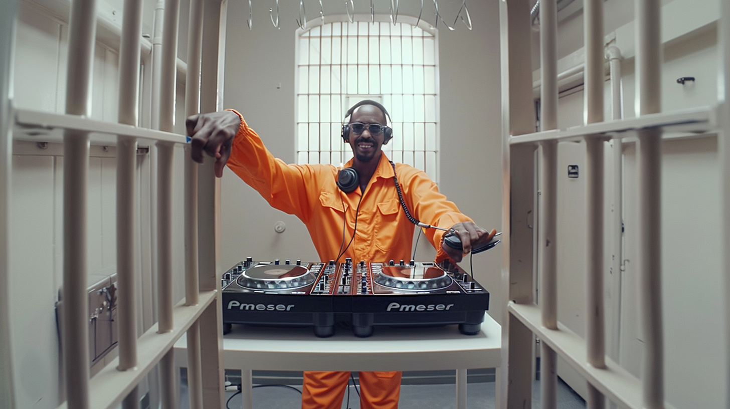 Smiling Prisoner DJ in Small Cell, 4K Ultra HD