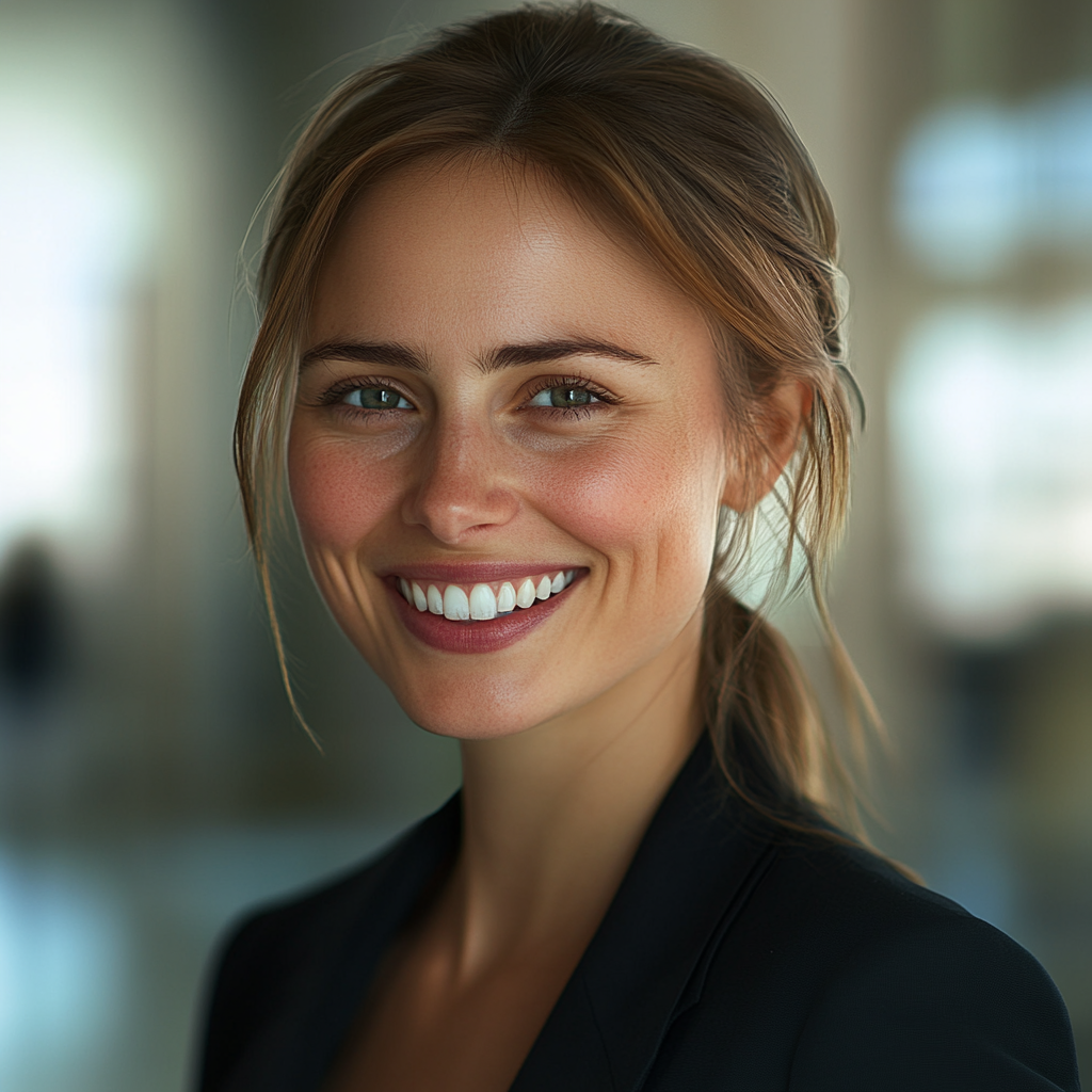 Smiling businesswoman in office, Fuji camera aesthetics. Life-time focus.