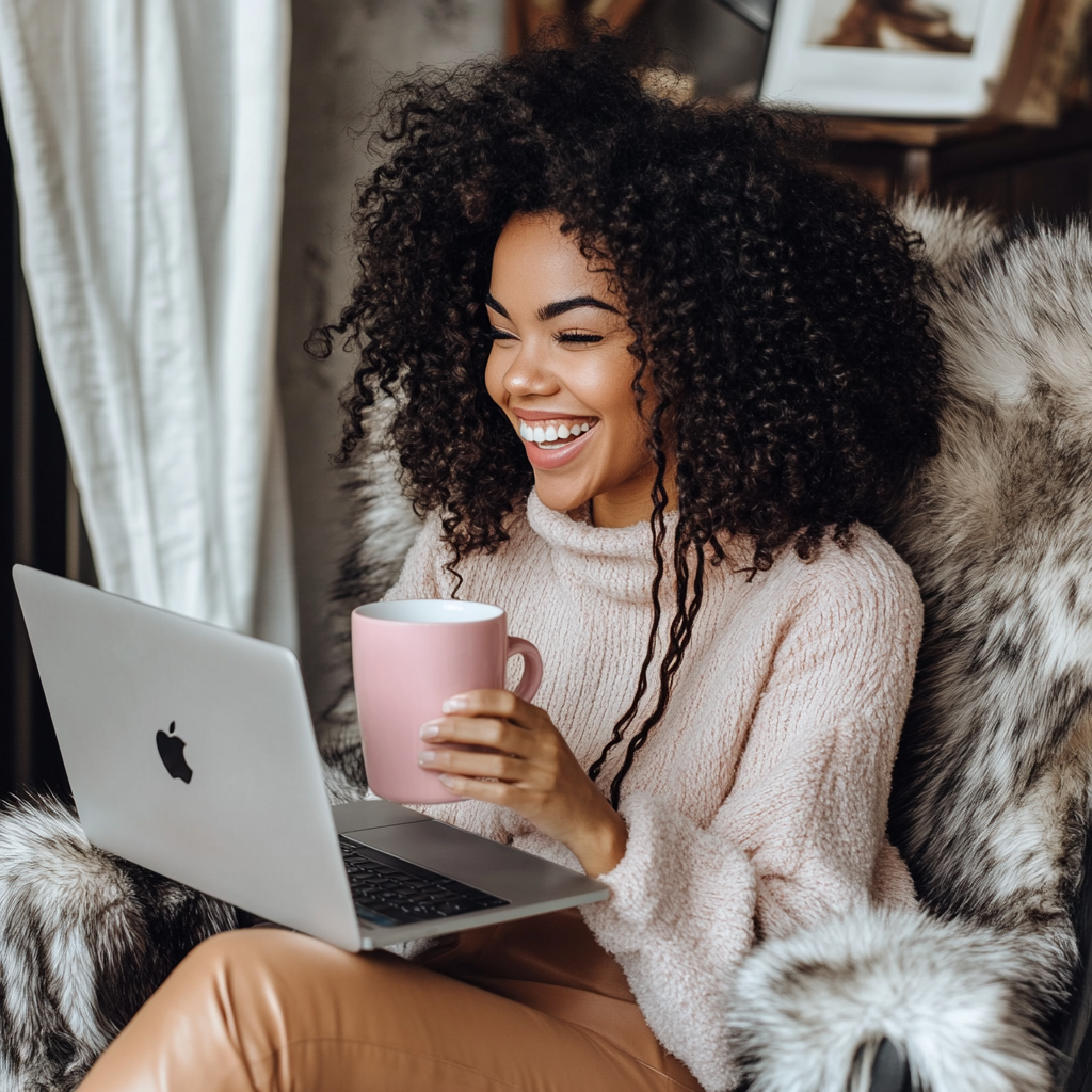 Smiling girl with curly hair holding pink coffee mug.