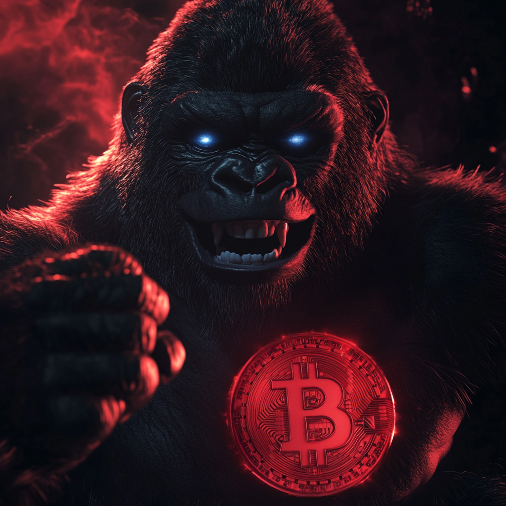 Smiling gorilla with red light, holding 3D bitcoin.