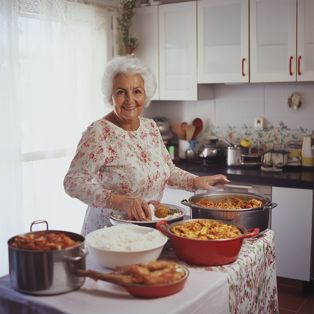 Smiling grandmother in 90s kitchen with food.