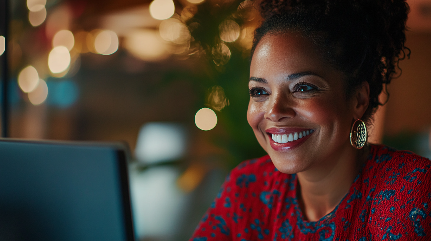 Smiling woman engaging in virtual meeting with soft lighting.