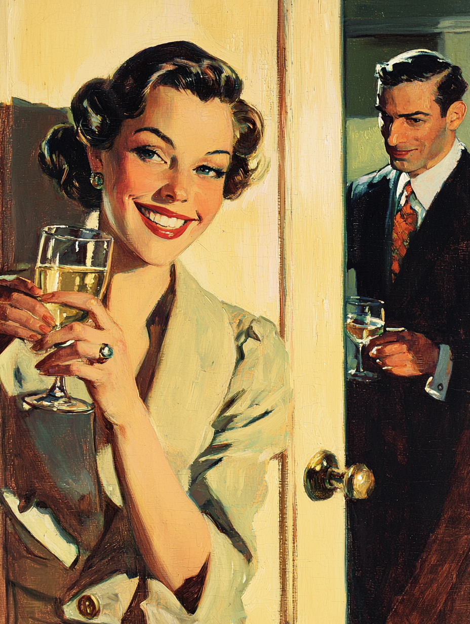 Smiling woman with champagne as man walks out door.