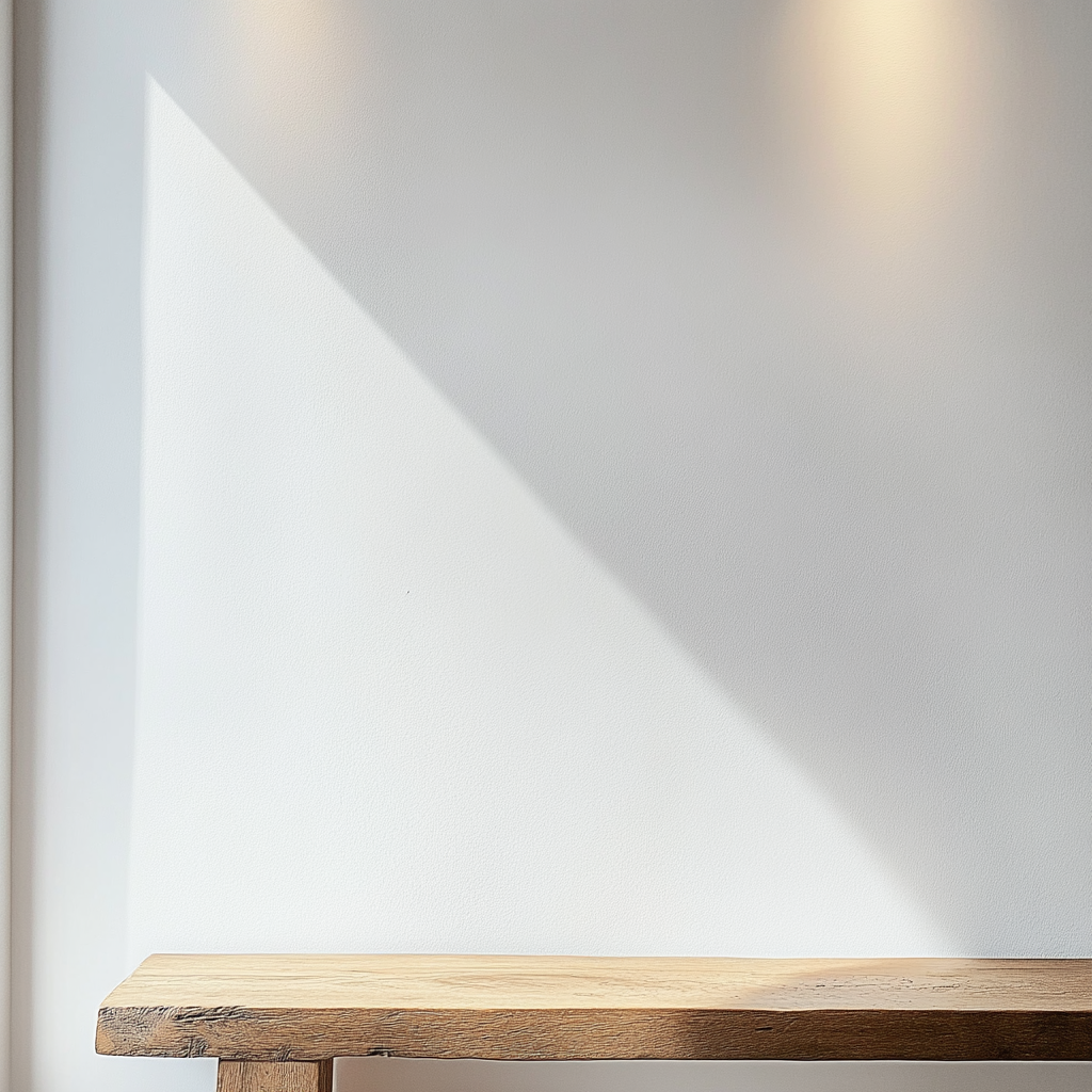 Smooth, clean white wall with blurred wooden bench edge.