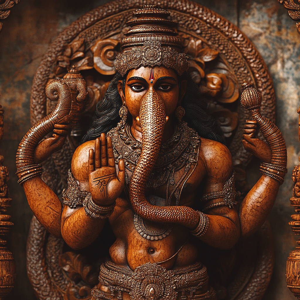 Snake body Hindu god with 2 hands standing.