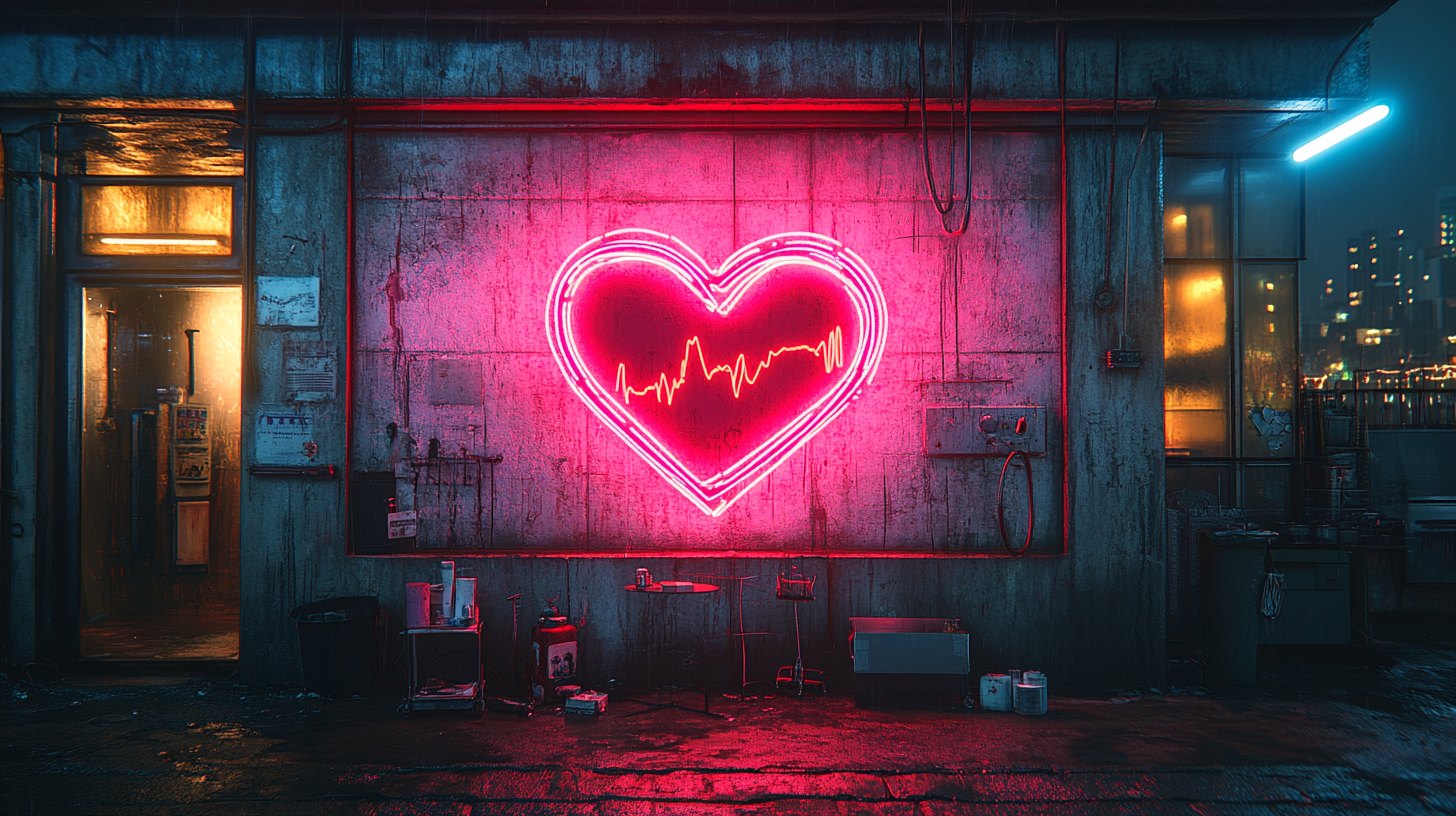 Snake graffiti forming heart shape, neon lights on concrete.