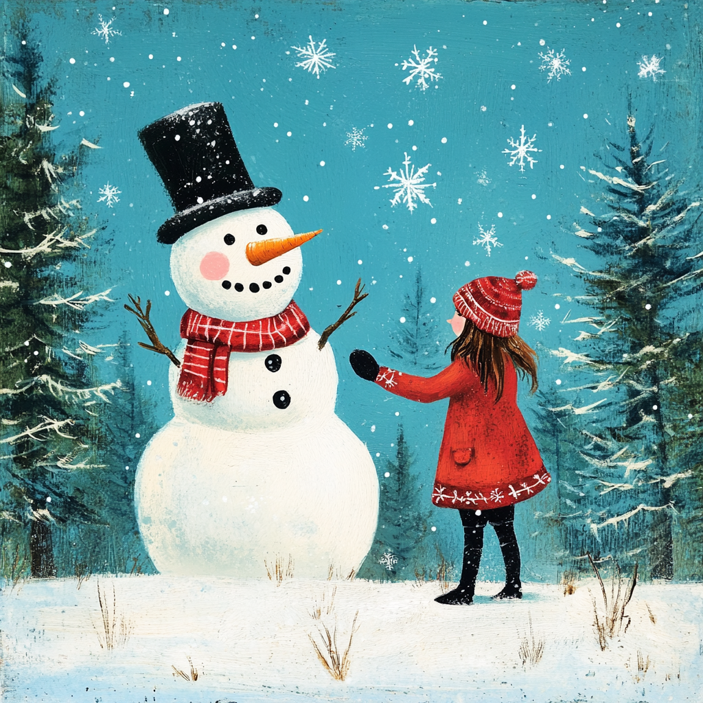 Snowman holding hand of girl in red coat.