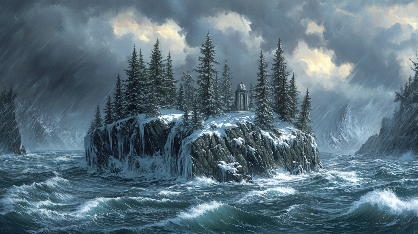 Snowy island with pine forests above stormy sea. Mausoleums.