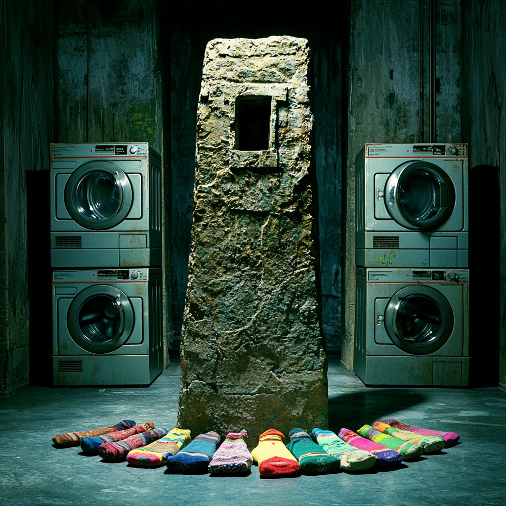 Socks scattered on stone altar surrounded by washing machines.