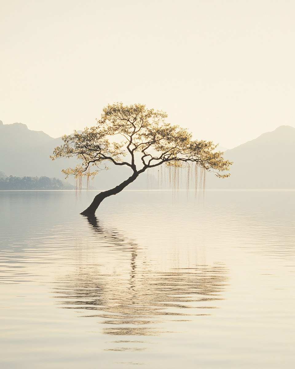 Solitary tree in vast lake, gentle sun backlighting.