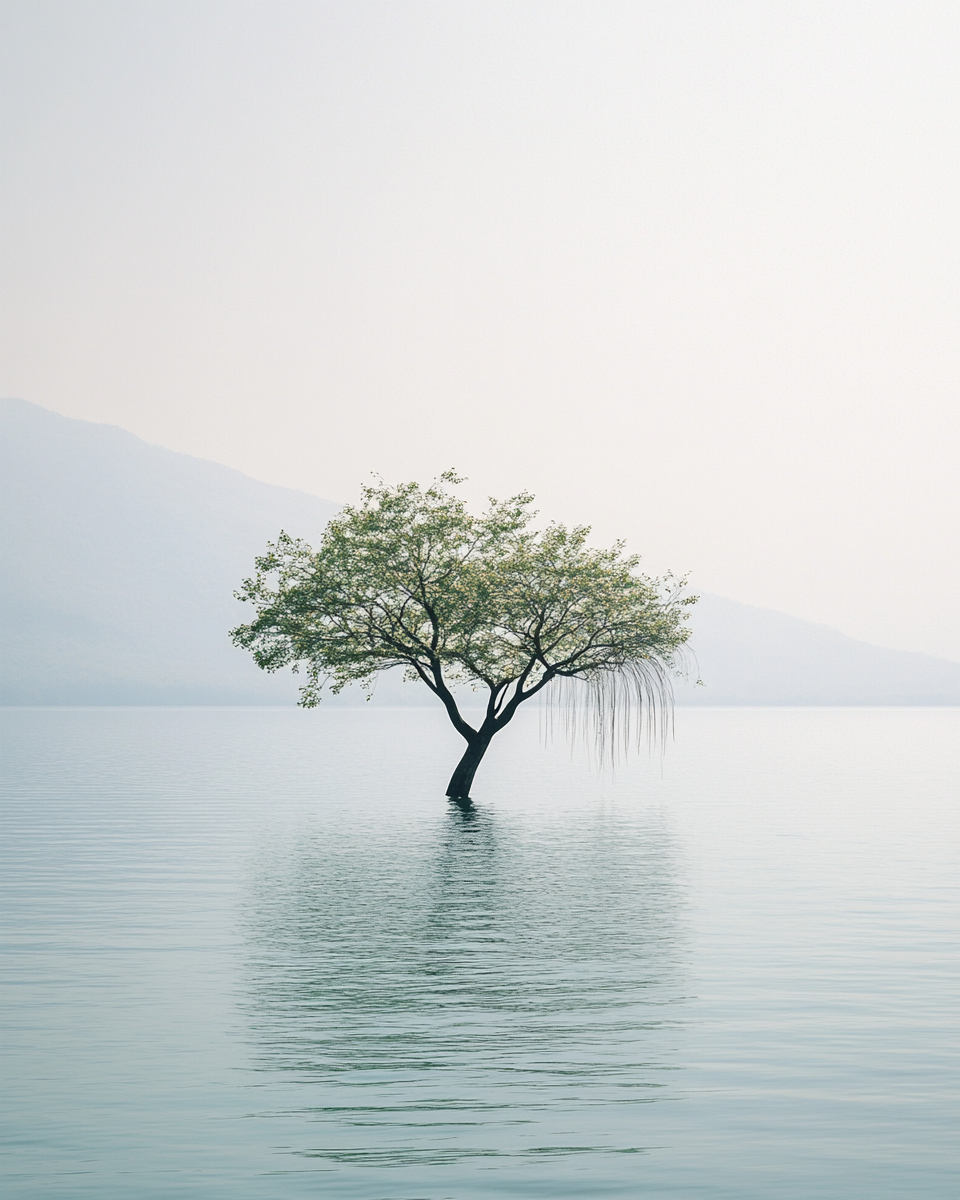 Solitary tree on vast lake, film photography effect, high-resolution.