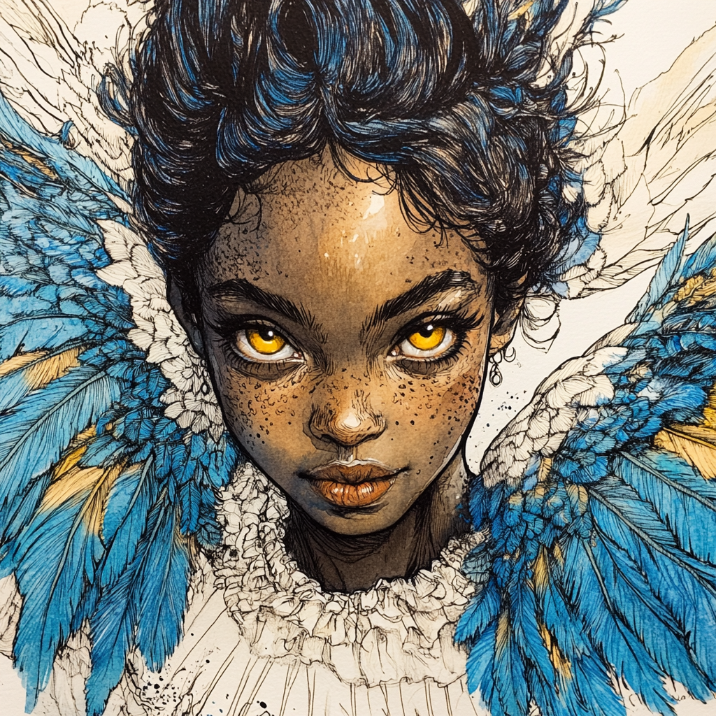 Southern Belle with Dark Skin, Yellow Eyes, Feathery Hair