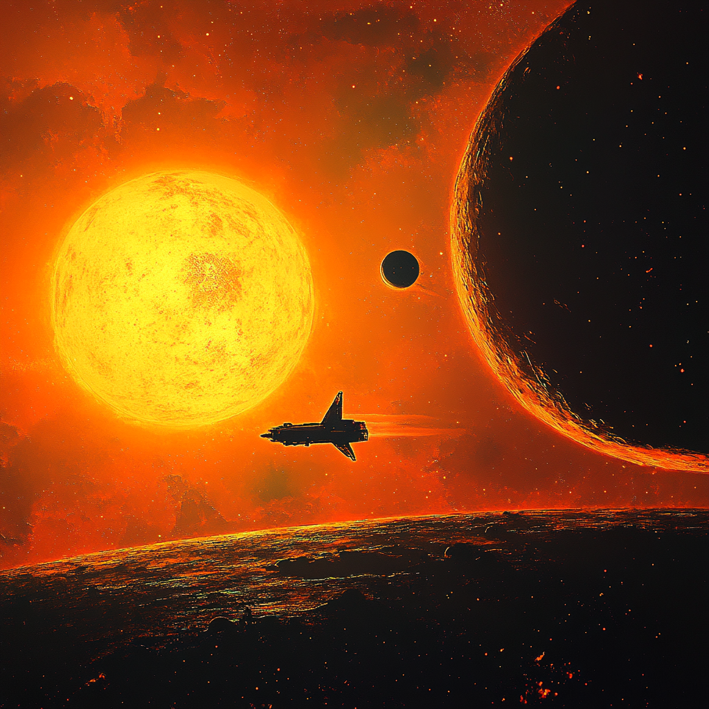 Spaceship entering dual-sun system with multiple planets.