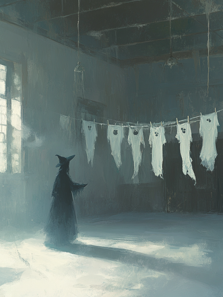 Spell-casting witch hangs ghostly bodies on clothesline.