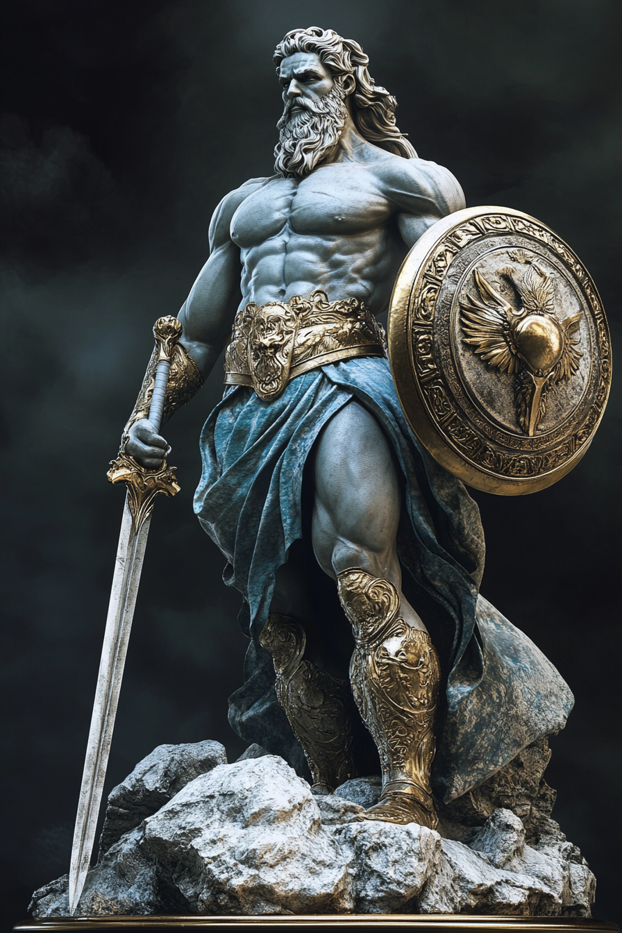 Statue of god with sword and shield in 3D.