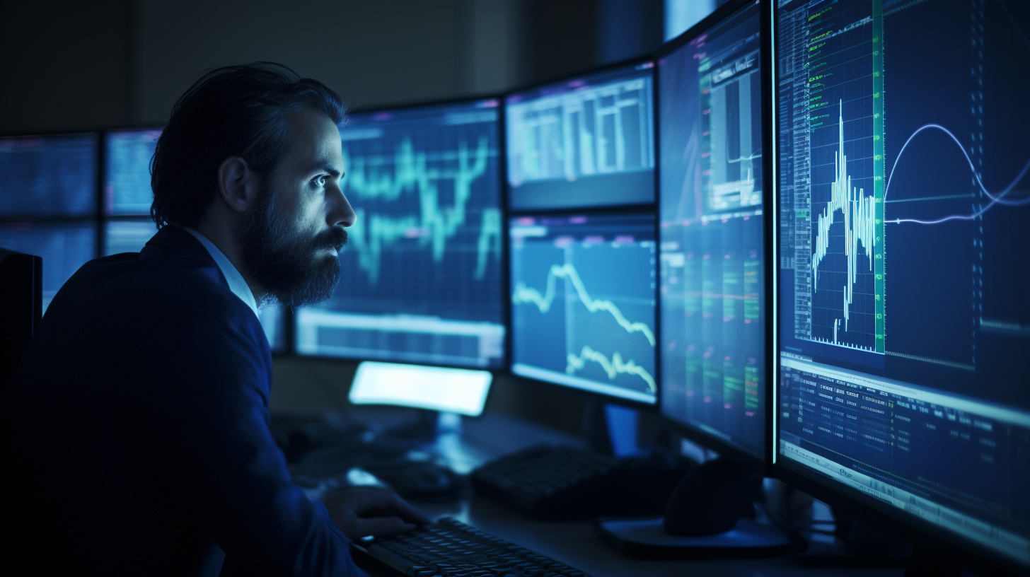 Intense stock trader surrounded by screens