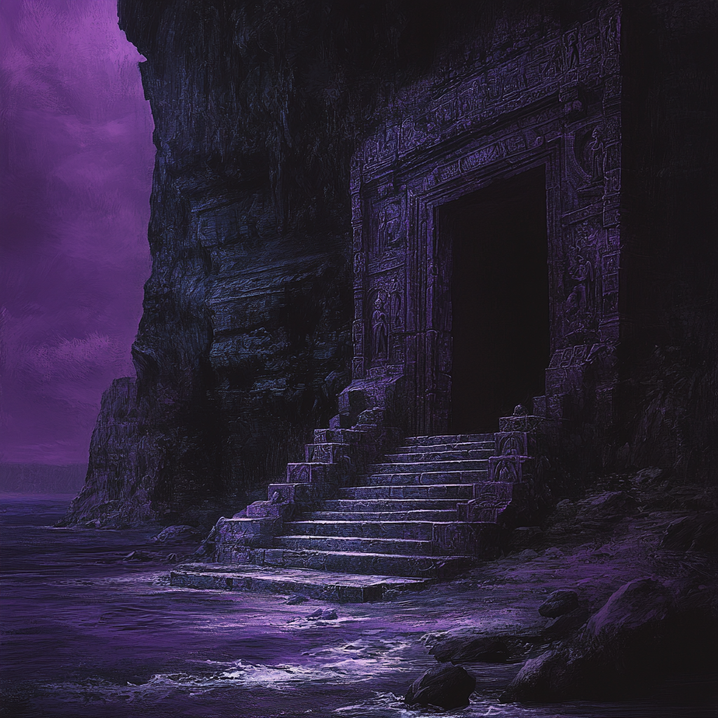 Stone temple door with purplish glow in dark cave.