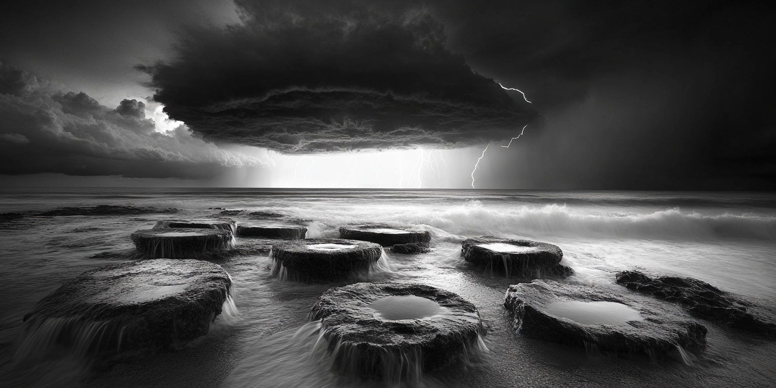 Stormy shoreline with rocks, waves, lightning and reflective pools.