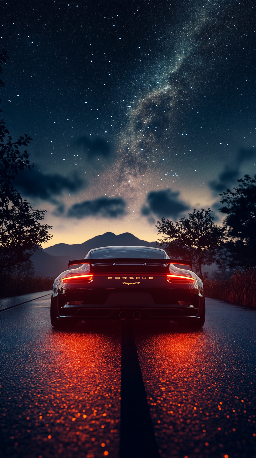 Stunning night time Porsche 911 car wallpaper. Beautiful Milkyway.