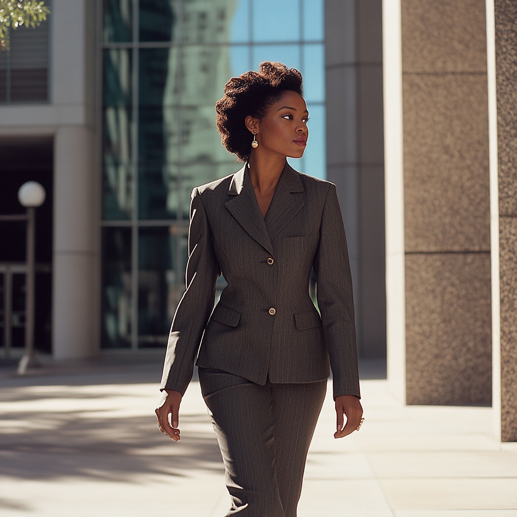 Stylish black woman in 80s business attire walking to work