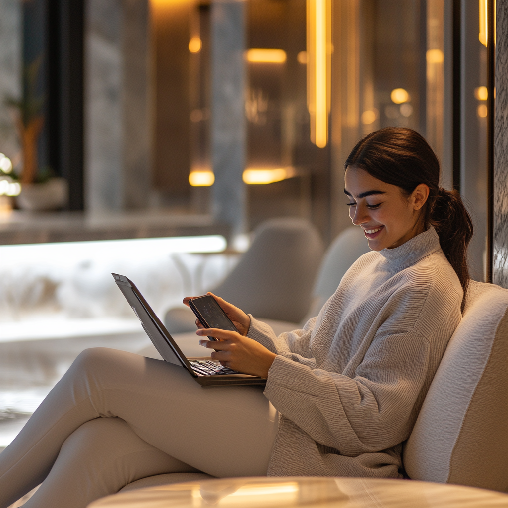 Stylish young people in modern environment using tech devices.