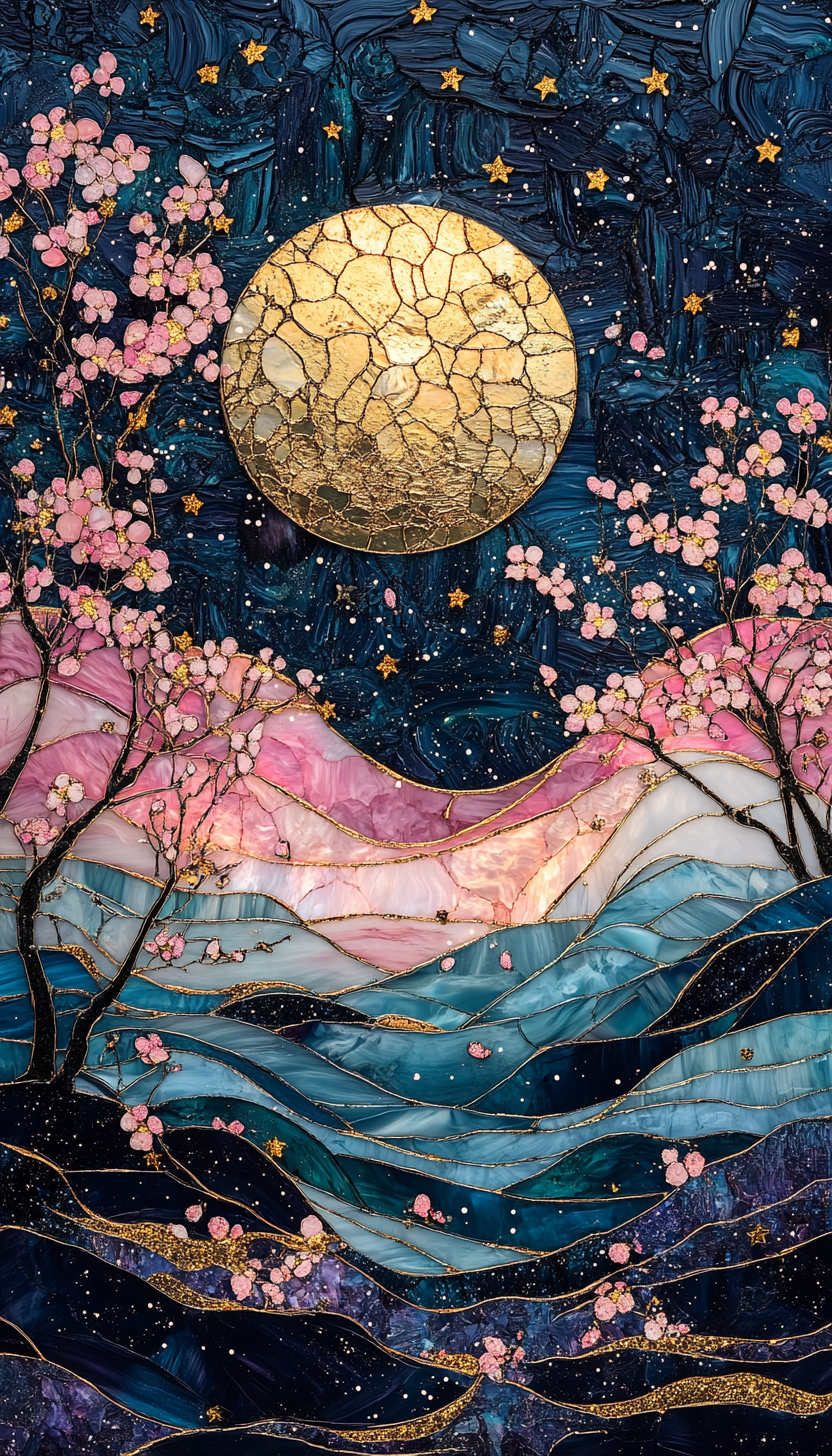 Sun, moon, stars, opal stained glass, cherry blossoms.