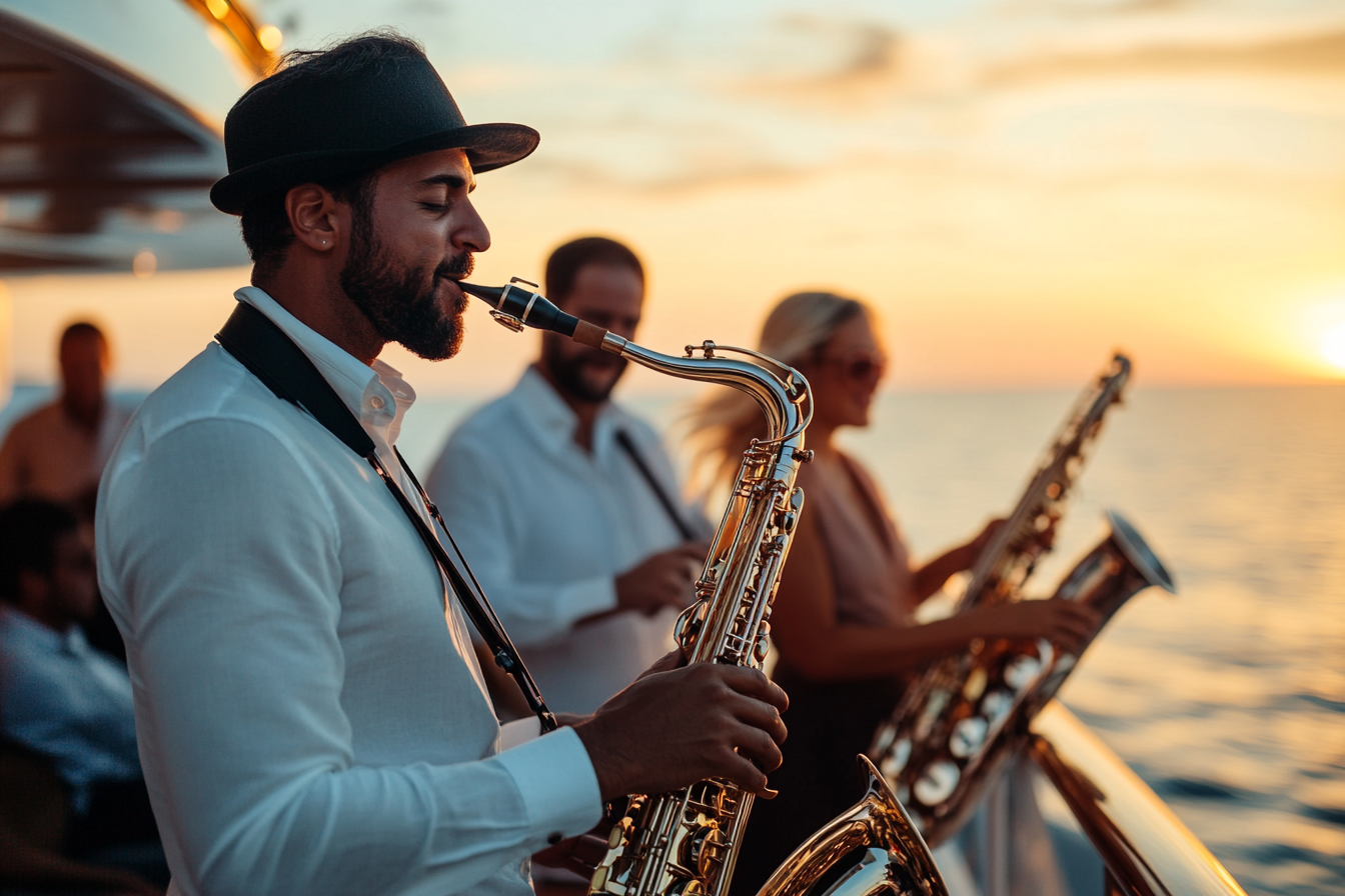 Sunset glowing on horizon at live jazz performance.