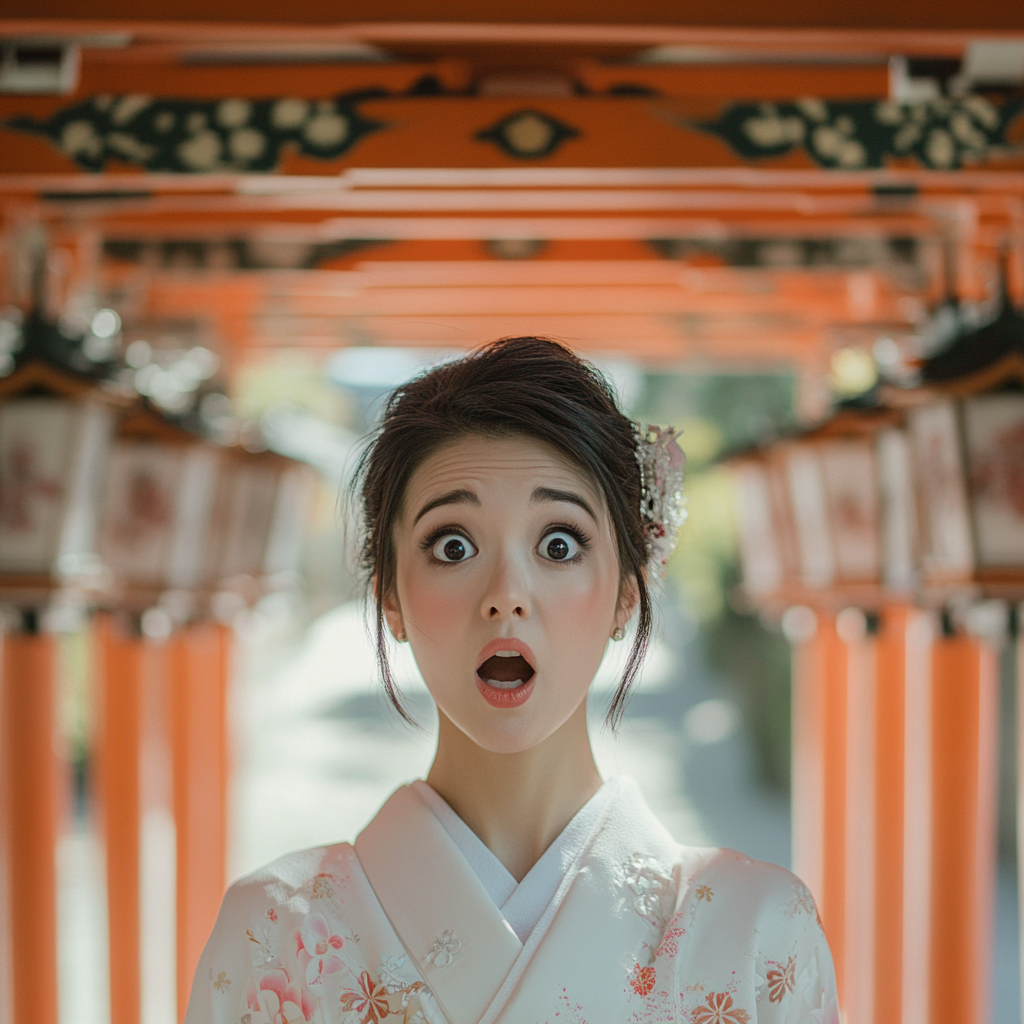 Surprised woman in traditional Japanese wedding kimono at shrine.