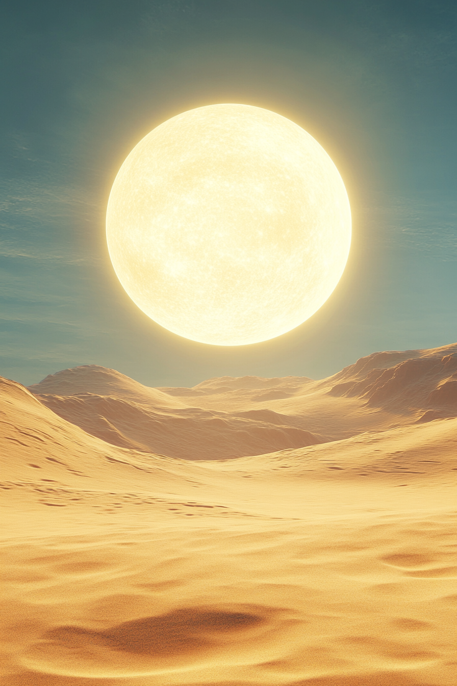 Surreal atmosphere with bright sky, yellow sand desert.