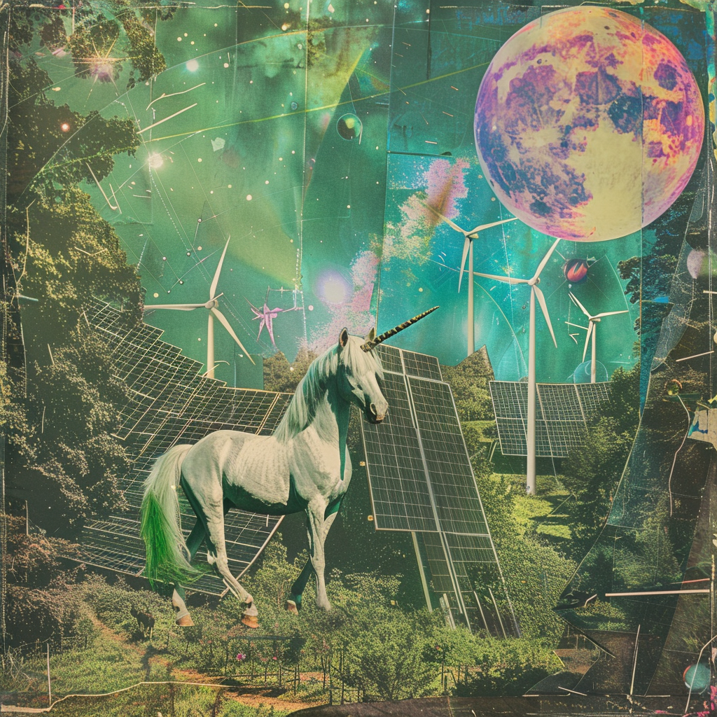 Surreal collage with magical unicorn, solar panels, wind turbines.