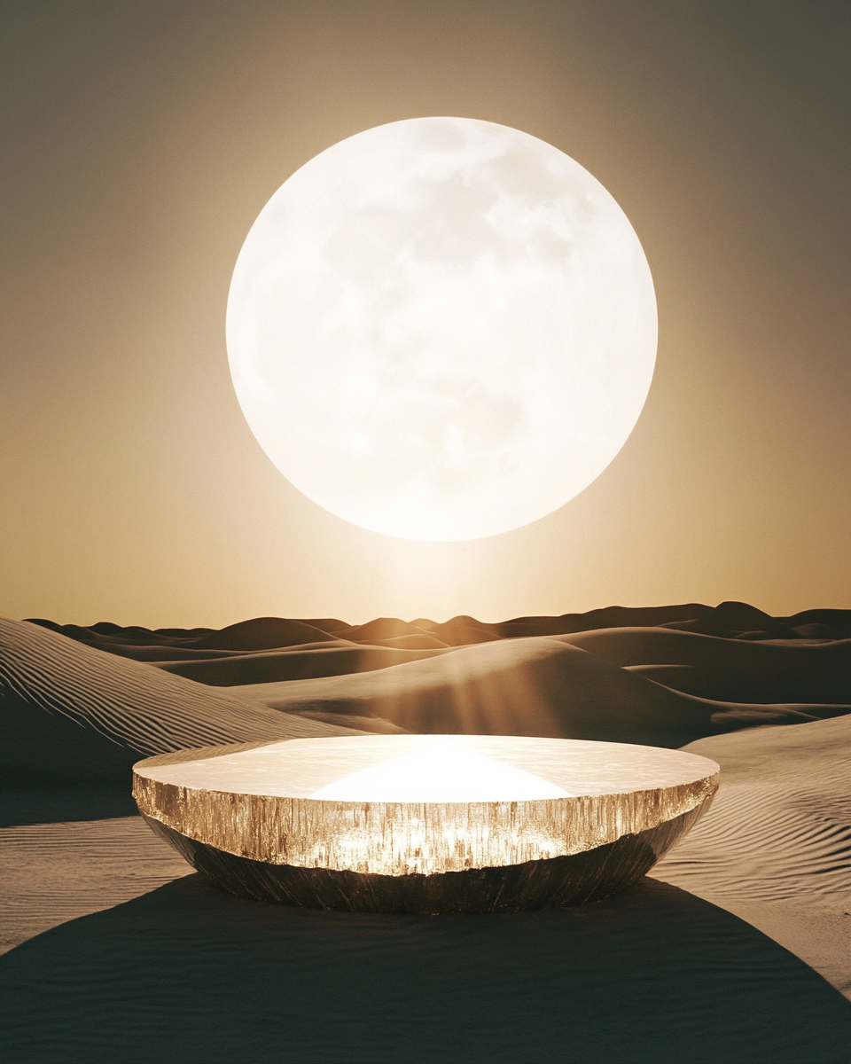 Surreal desert photo with crystal platform, sculpted sun, sunset.