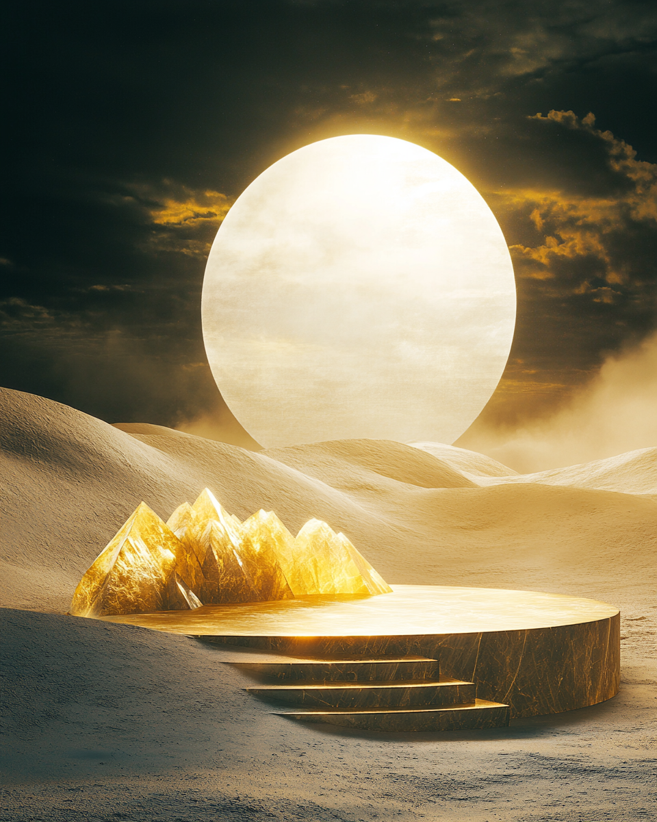 Surreal desert stage with cosmic background, golden platform.