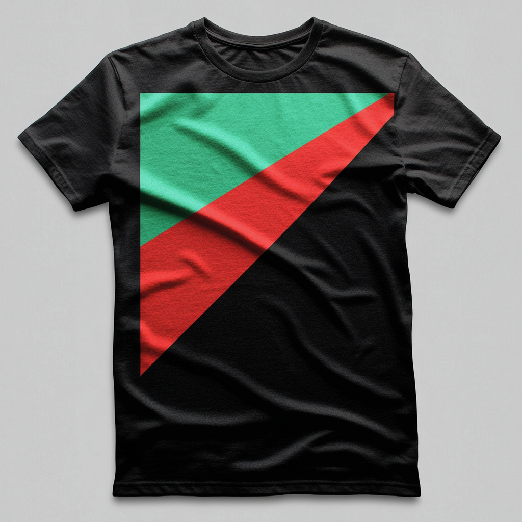 T-shirt with red triangle, green top, black bottom flag.